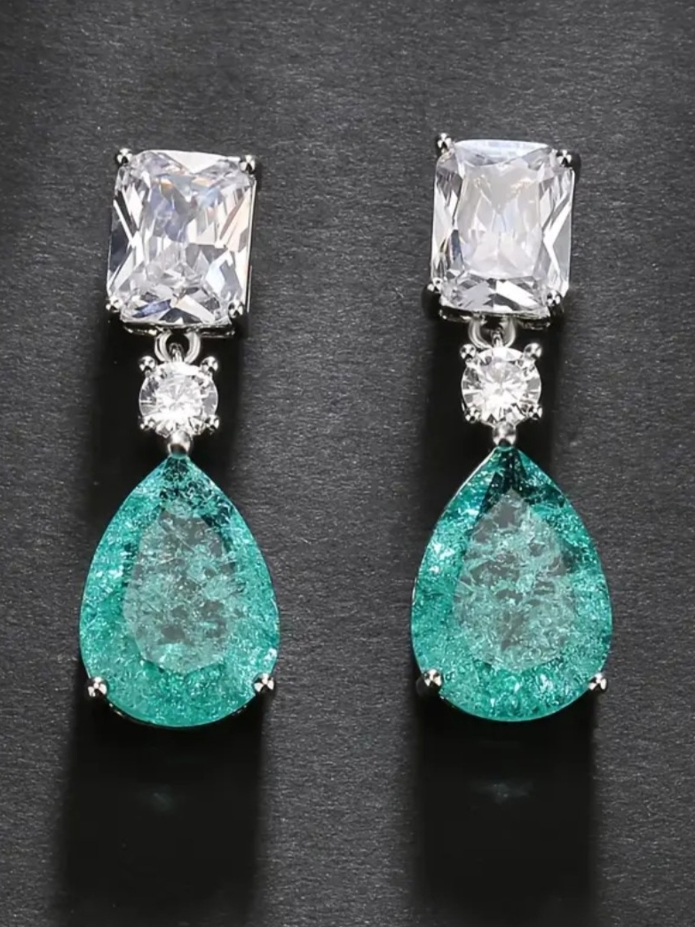 Neiman Marcus Teal and Clear Drop Crystal Earrings